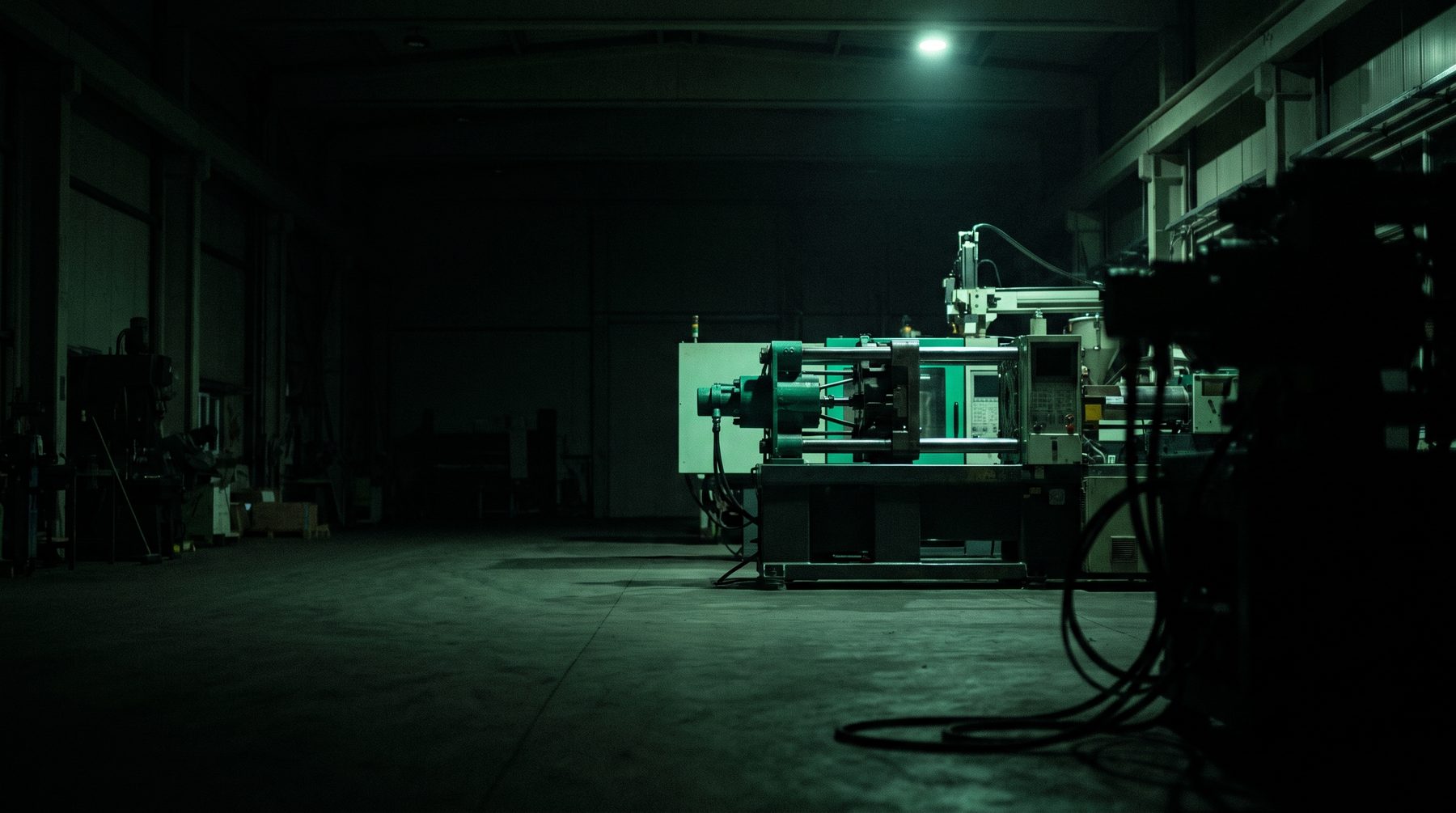 Injection molding press mid-cycle, clamp closed, machine lit from above