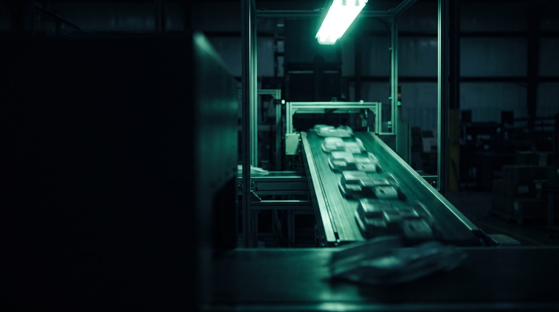 Molded parts on a conveyor leaving the press, motion blur