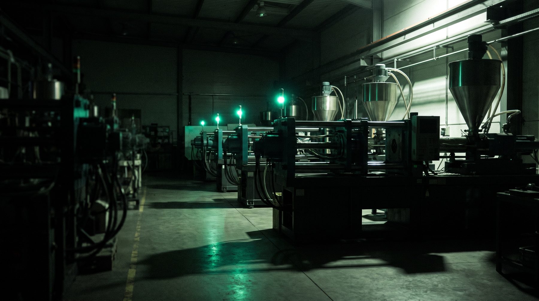 Horizontal injection molding machines down a plant aisle, hoppers on top, status lamps lit