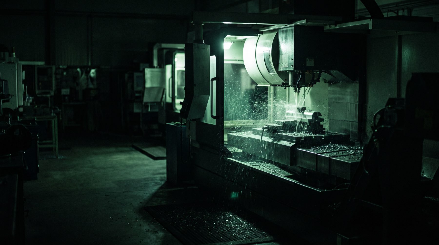 Wide shot, CNC machining center mid-cut. Coolant spray, swarf, dark shop floor