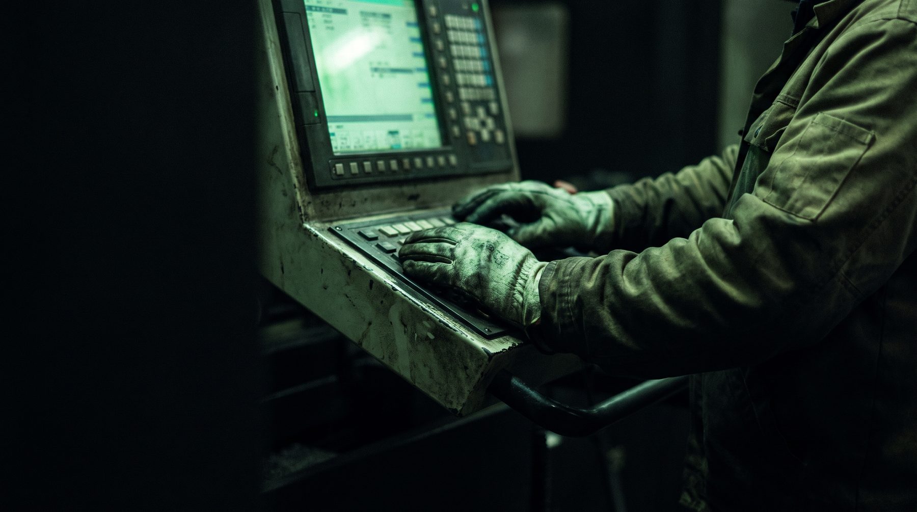 Gloved hands at a CNC control panel, lit by the screen