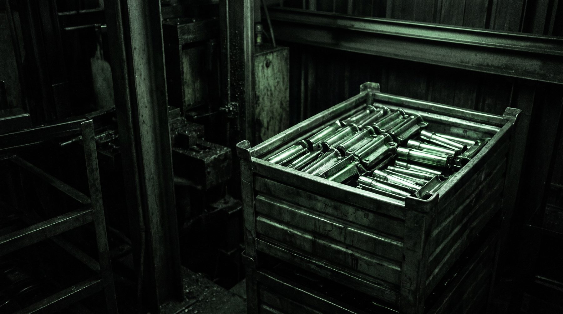 Finished steel parts in a tote, close, shallow depth of field
