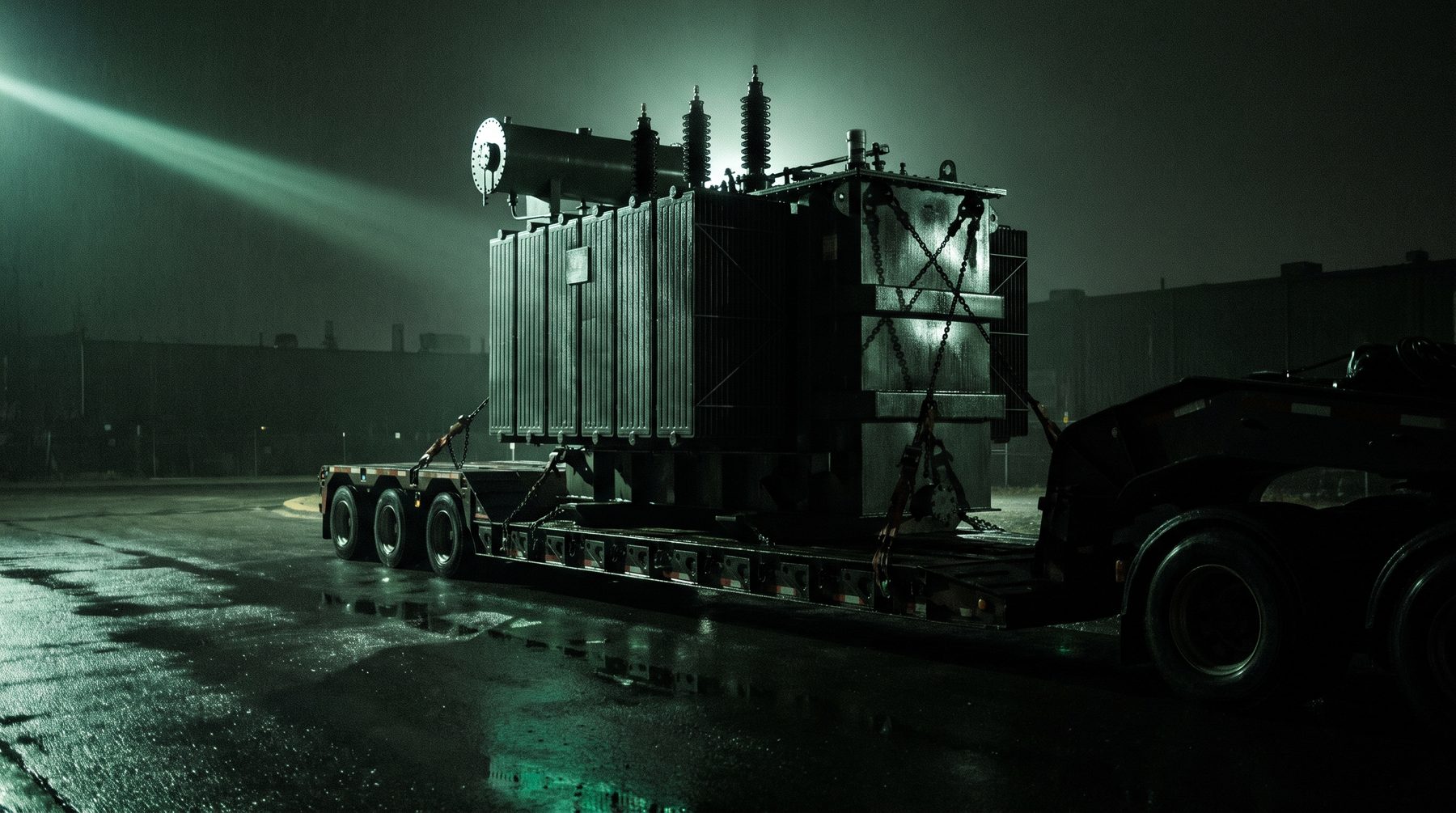 Large power transformer chained to a multi-axle low-loader, wet road at night